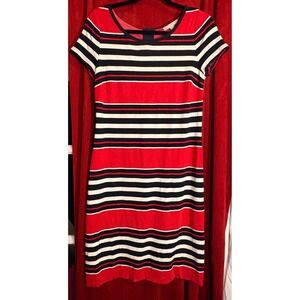 Banana Republic Striped Sheath Dress Womens 8 Red Navy Good Short Sleeve 970497